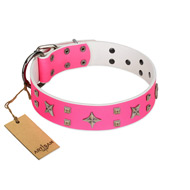 "Stars in Pink Dreams" Modern FDT Artisan Pink Leather Bullmastiff Collar with Studs and Stars  "Stars in Pink Dreams" Modern FDT Artisan Pink Leather Bullmastiff Collar with Studs and Stars