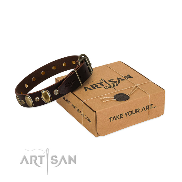 Adjustable full grain natural leather dog collar with rust resistant traditional buckle