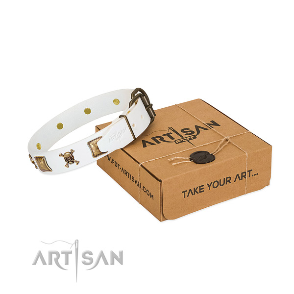 Everyday use reliable full grain leather dog collar with adornments