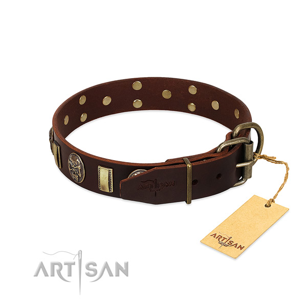 Full grain leather dog collar with rust resistant hardware and embellishments