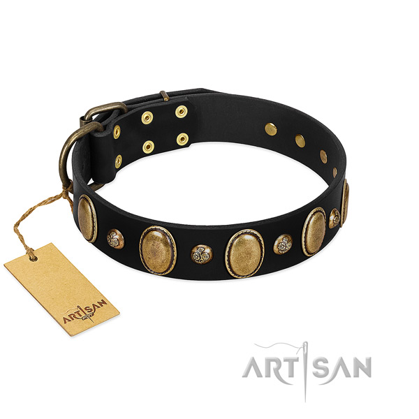Full grain leather dog collar of reliable material with incredible adornments