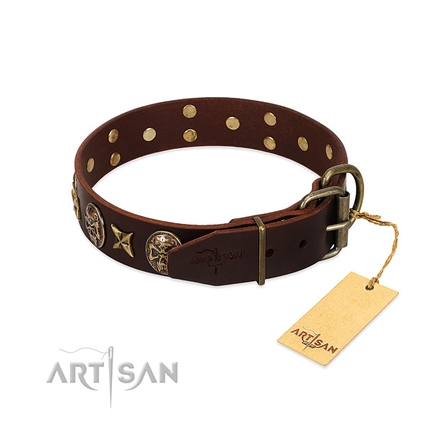 Full grain genuine leather dog collar with corrosion resistant hardware and studs