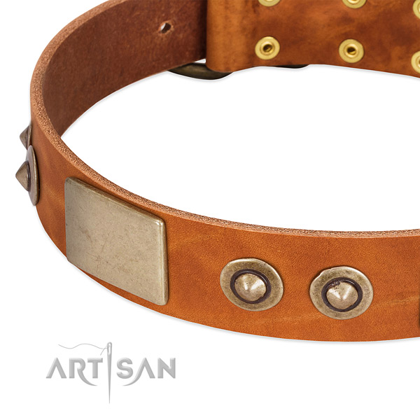 Rust resistant D-ring on full grain natural leather dog collar for your pet