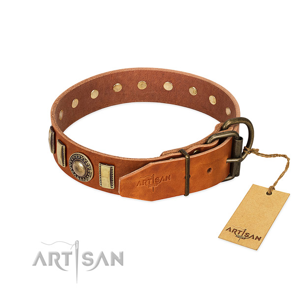 Best quality natural leather dog collar with corrosion proof D-ring