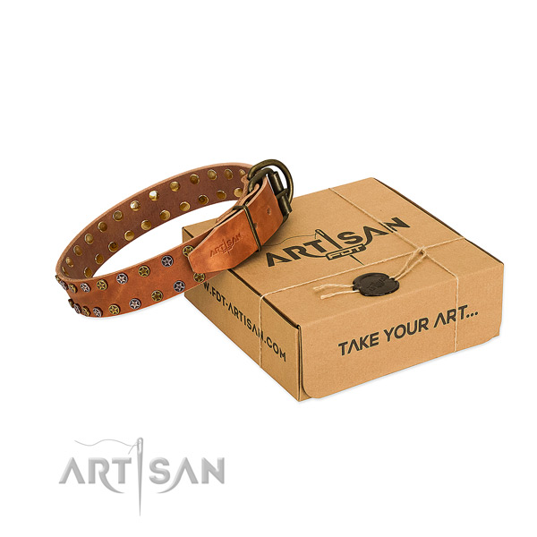 Stylish walking soft to touch natural leather dog collar with decorations