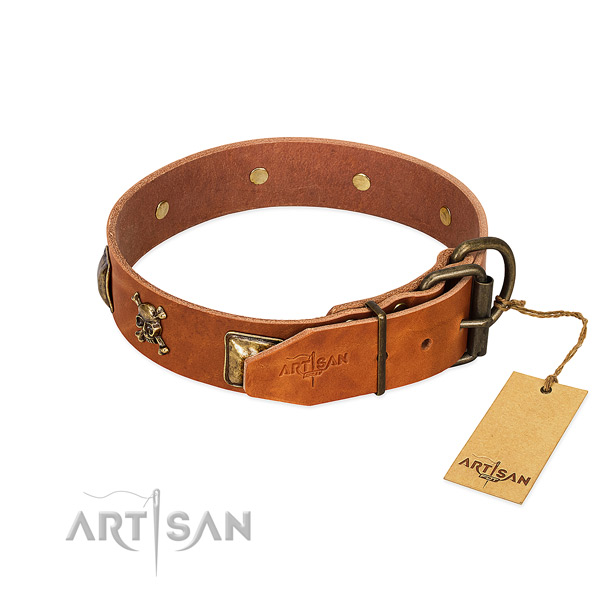 Inimitable full grain genuine leather dog collar with corrosion resistant decorations