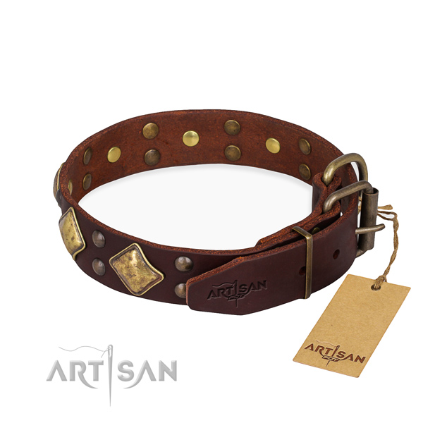 Genuine leather dog collar with exquisite strong adornments