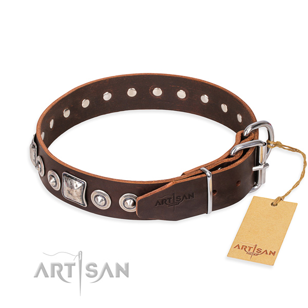 Full grain leather dog collar made of soft material with rust-proof adornments