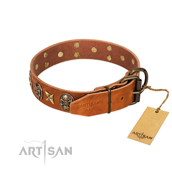 Natural genuine leather dog collar with durable fittings and embellishments
