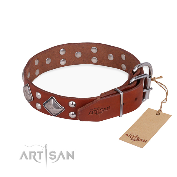 Genuine leather dog collar with remarkable rust-proof decorations
