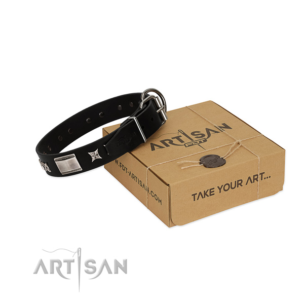 Gentle to touch full grain leather dog collar with durable hardware