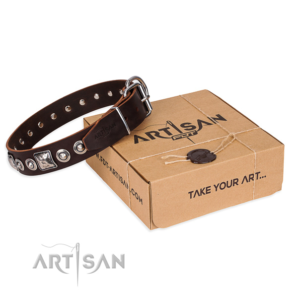 Genuine leather dog collar made of soft to touch material with corrosion proof buckle