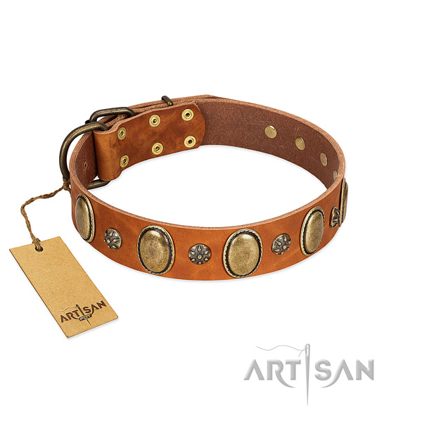 Handy use gentle to touch genuine leather dog collar with decorations