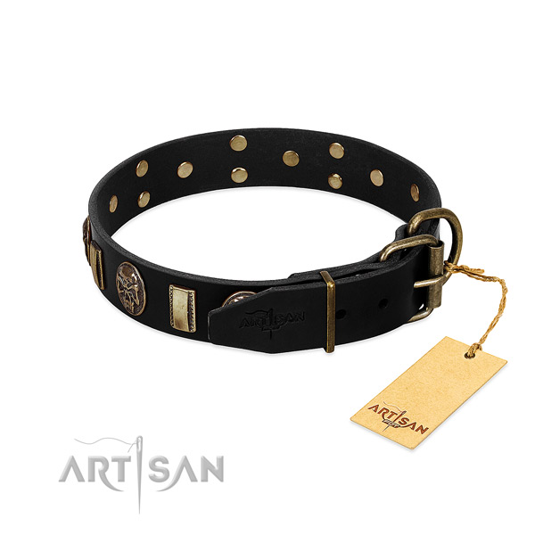 Full grain natural leather dog collar with corrosion proof buckle and decorations