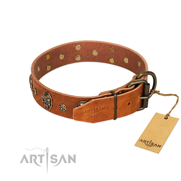 Reliable decorations on natural genuine leather dog collar for your doggie