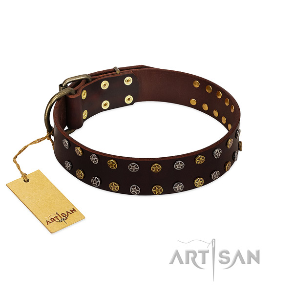 Comfortable wearing top rate full grain natural leather dog collar with decorations