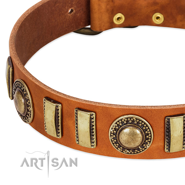 Strong natural leather dog collar with rust-proof traditional buckle