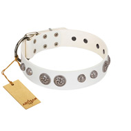 "Celtic Warrior" Handmade FDT Artisan White Leather Bullmastiff Collar with Vintage Decorations  "Celtic Warrior" Handmade FDT Artisan White Leather Bullmastiff Collar with Vintage Decorations